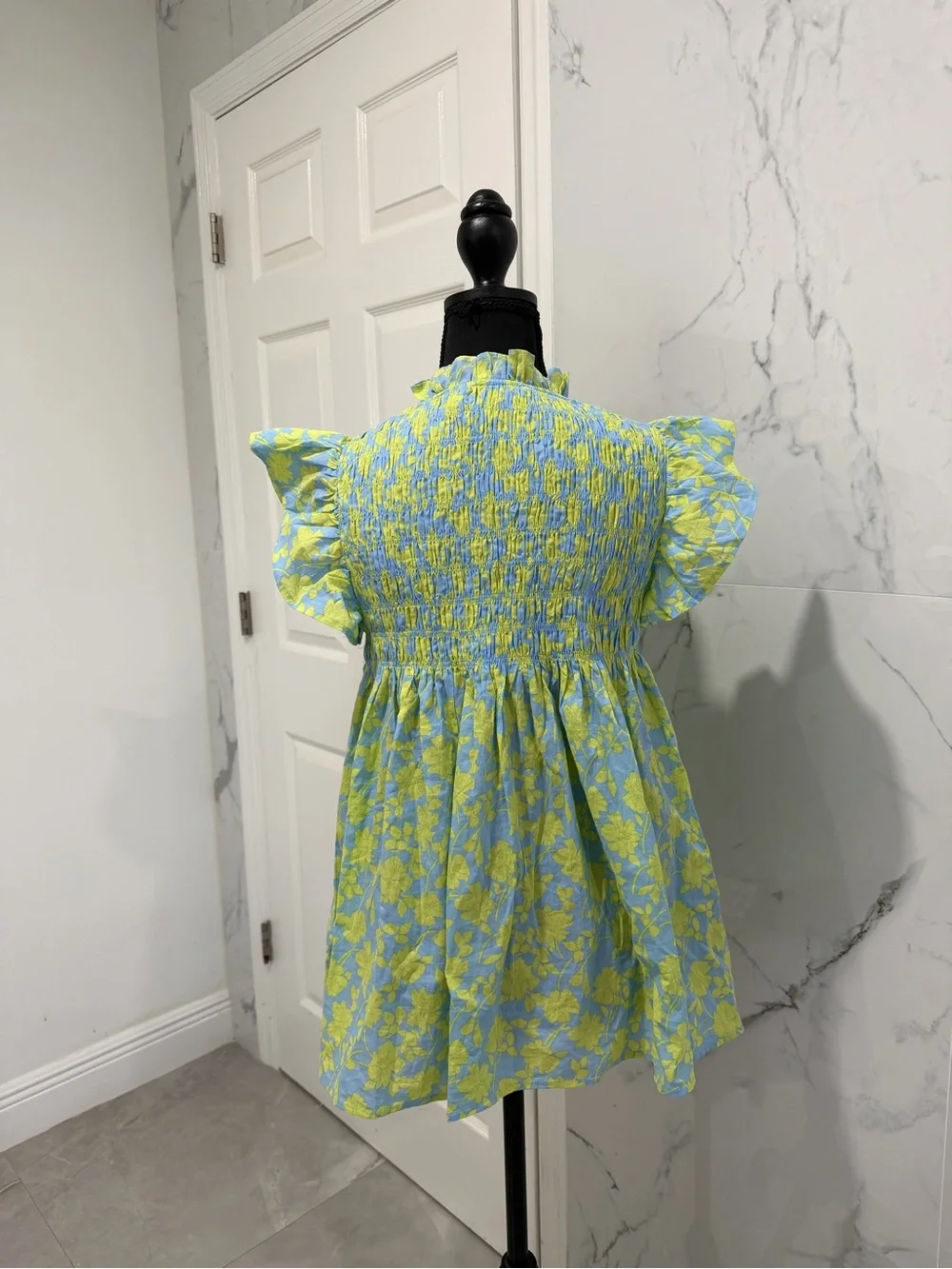Pinch Blue & Lime Floral Smocked Flutter-Sleeve Top - Picture 2 of 5